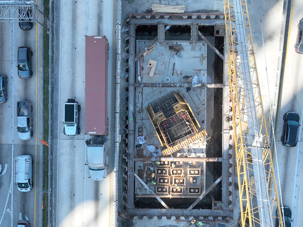 Ongoing work at one of the signature bridge arch foundations adjacent to NE 2 Avenue